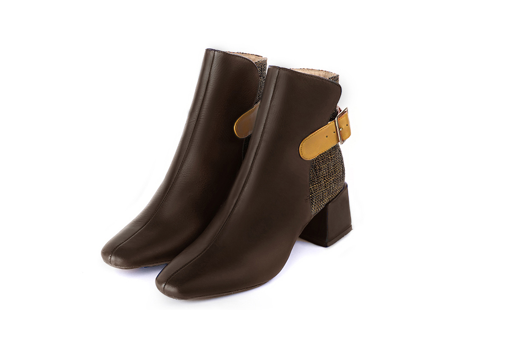 Dark brown and mustard yellow women's booties, with buckles at the back. Square toe. Medium block heels - Florence KOOIJMAN